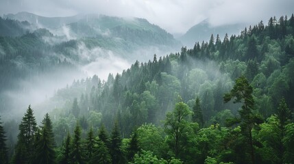 A lush green forest with trees and a misty, rainy atmosphere
