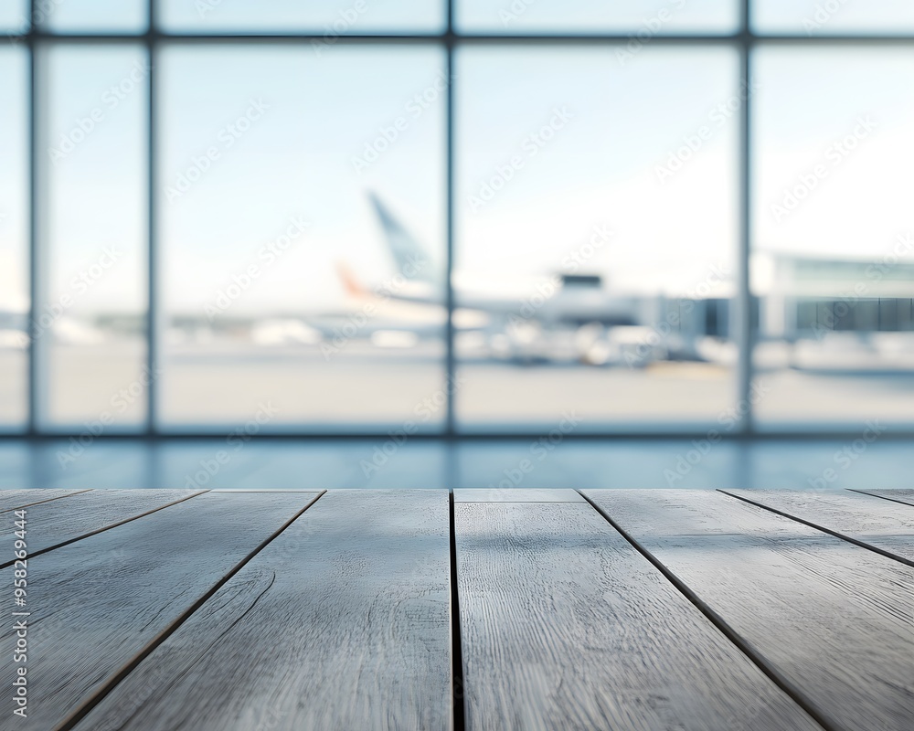 Poster close-up of an empty table in an airport background for product display presentation template design