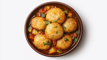top view of kachori dipped in aloo ki sabji isolated on white background