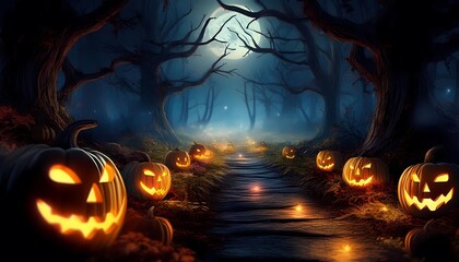 A dark forest path lit by glowing jack-o'-lanterns, with a full moon peeking through the branches on Halloween.
