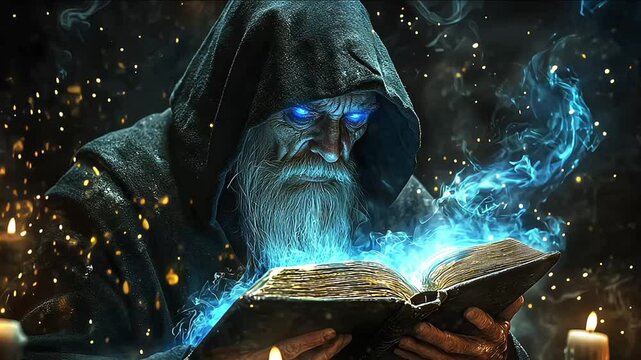 Mystical ancient wizard conjuring blue magical energy from an arcane tome in a dark, gothic cathedral setting, embodying fantasy and sorcery