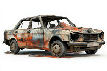 Vintage Car Ravaged by Fire Isolated on White Background.