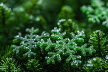 Green Snowflakes. Winter Christmas Collection of Green Snowflakes on a Frosty Snowy Background