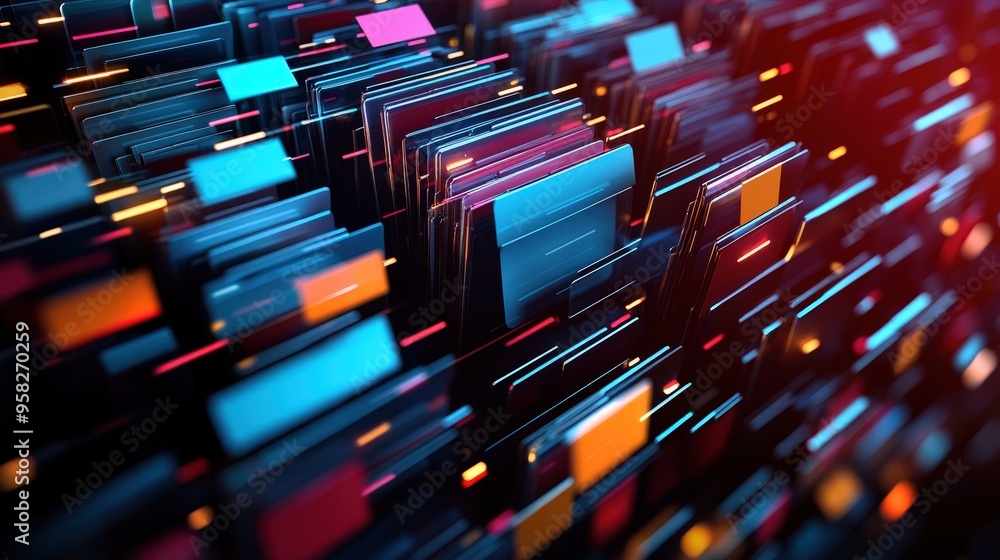 Poster abstract network grid with files and folders, futuristic software interface, digital document manage