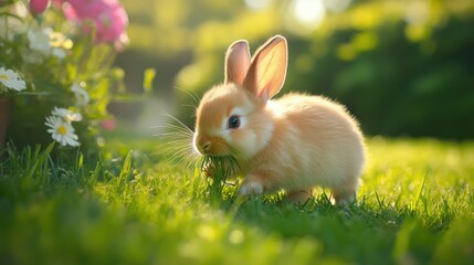 Obraz premium Baby rabbit playfully hopping and biting grass in a vibrant yard, capturing the energetic and adorable behavior of this popular pet