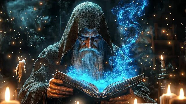 Mystical ancient wizard conjuring blue magical energy from an arcane tome in a dark, gothic cathedral setting, embodying fantasy and sorcery