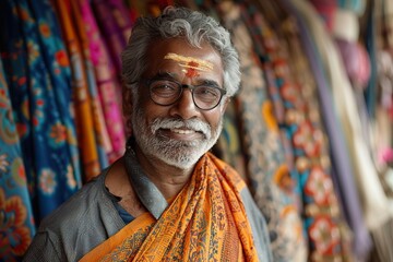 Fototapeta premium Joyful Indian Textile Merchant in Store Looking at Camera