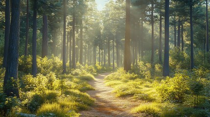 Fototapeta premium A serene forest path illuminated by soft sunlight, surrounded by tall trees and vibrant greenery, perfect for nature lovers.