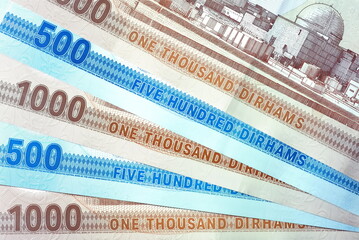 Close up Dirhams currency with new design Notes, AED, Bank notes and coins, United Arab Emirates