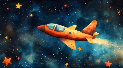 Fototapeta premium A whimsical watercolor of a cartoon plane zooming through a starry sky, with bold colors and playful brushstrokes
