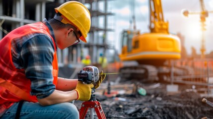 Construction site featuring a worker using a laser level to ensure accurate measurements, with a crane and heavy equipment in the background, focusing on precision and modern tools