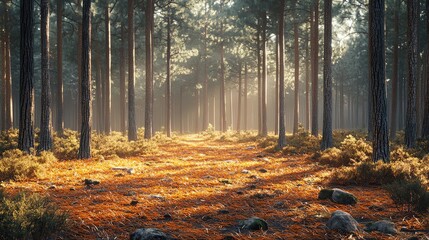 Fototapeta premium A serene forest path illuminated by soft sunlight, surrounded by tall trees and a carpet of fallen leaves and stones.
