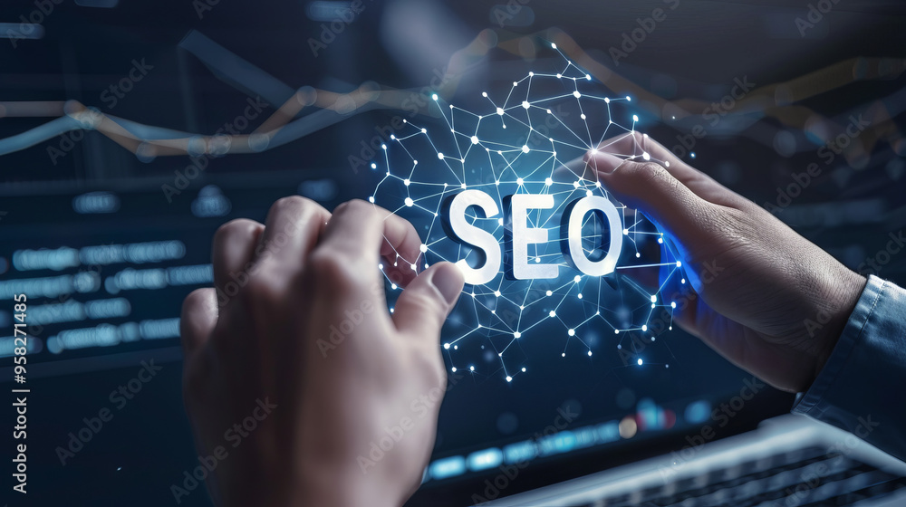 Poster a person is typing the word seo on a computer screen