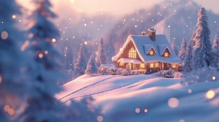 Naklejka premium Cozy winter cabin in snowy landscape with warm glowing lights. Serene holiday scene at dusk.