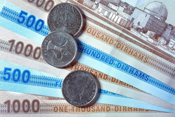 Close up Dirhams currency with new design Notes, AED, Bank notes and coins, United Arab Emirates