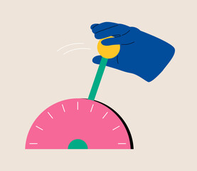 Hand shifting transmission knob to faster new level. Colorful vector illustration