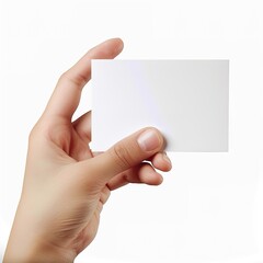 Fototapeta premium Hand holding a blank white note or business card isolated on transparent background