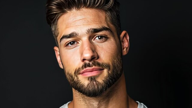 A handsome Caucasian man with a well-groomed beard gazes confidently into the camera, perfect for concepts of masculinity and modern fashion
