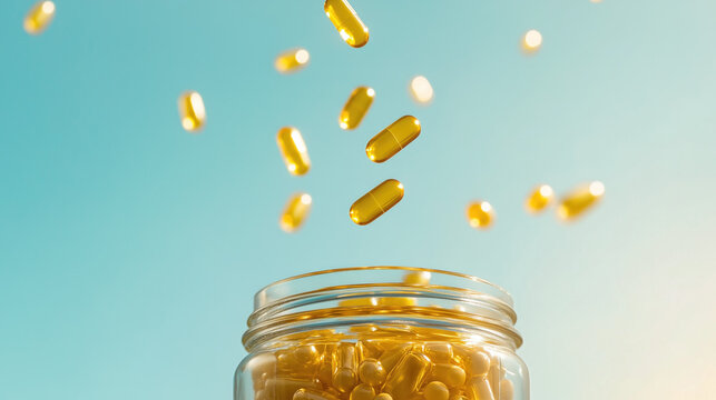 yellow gel capsulesfalling in the air into a clear plastic jar supplement bottle brand packaging product photography branding blue sky background