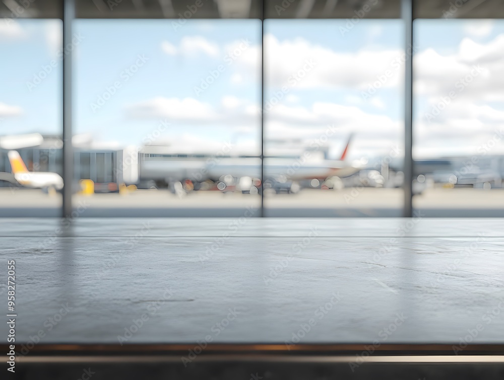 Aufkleber close-up of an empty table in an airport background for product display presentation template design