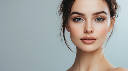 Fototapeta premium Beautiful woman with flawless skin and bare shoulders poses against a soft gray background, her expression serene and confident