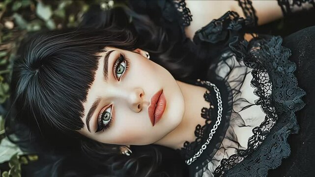 Beautiful female model in mystical gothic black dress 