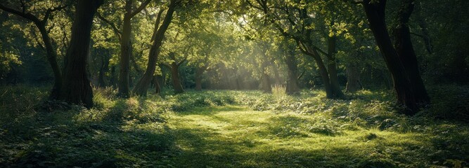 Obraz premium Sunbeams Illuminating a Path Through a Lush Forest