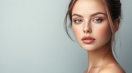 Fototapeta premium Beautiful woman with perfect skin poses with bare shoulders on a gray background, soft light enhancing her natural beauty