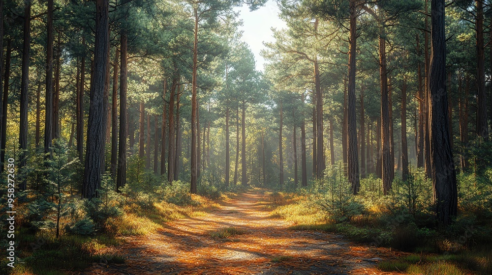 Poster a serene forest path with tall trees and soft sunlight filtering through leaves, creating a peaceful