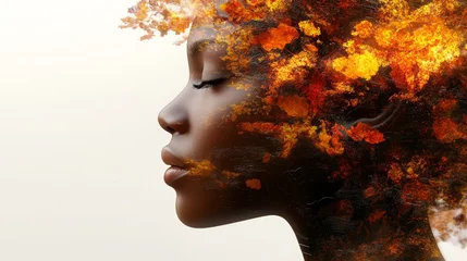 Woman with closed Eyes and Autumn Leaves Double Exposure Portrait. Tranquility, Beauty of Nature © Ilja