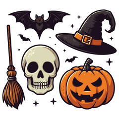 Obraz premium Halloween illustration in cartoon style with skull pumpkin bat witch hat broom on white background