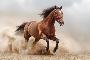 A brown horse running through a cloud of dust on a sandy surface.