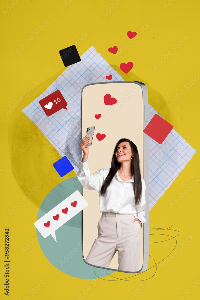 Poster vertical photo collage of happy girl blogger hold phone receive like heart notification big screen m