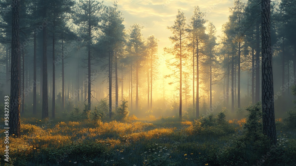 Poster a serene forest scene at dawn with gentle light filtering through tall trees, creating a peaceful an