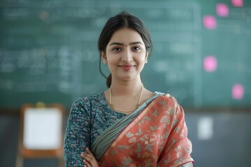 Professional Indian Lady in Saree Conducting Online Lecture at Writing Board