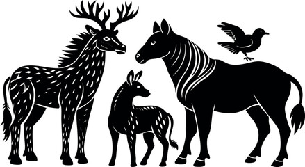 Hand drawn animals silhouette set illustration