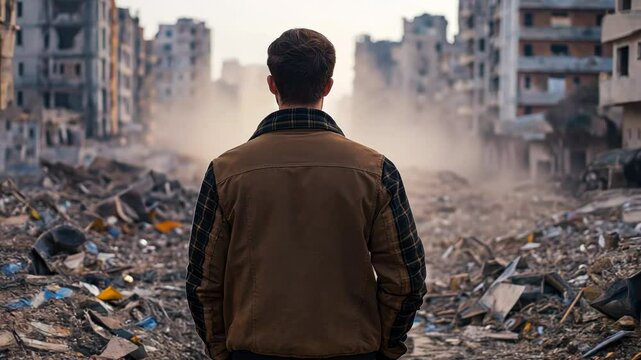 A person stands amidst urban ruins, symbolizing the aftermath of conflict and war, resonating with themes of devastation and resilience