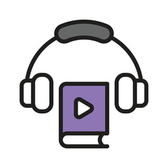 Video play button on book with headphones, icon of video lesson