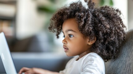 Concentrated Little Girl Using Laptop Computer, E-Learning, Home Schooling, Online Education