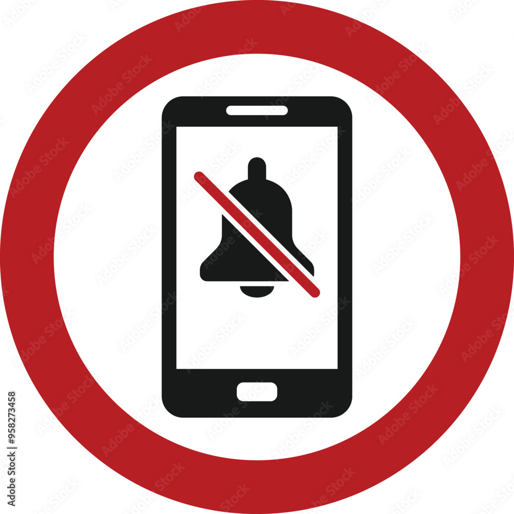 Wall mural warning sign keep your phone in silent mode. template sign with a classic smartphone and crossed bel