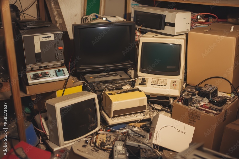 Poster a cluttered space filled with old computers and electronics, showcasing obsolete technology.