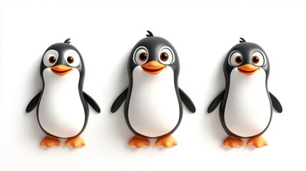 three cute penguins cartoon on a white background