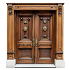 A classic wooden door with ornate brass handles isolated on transparent background (4)