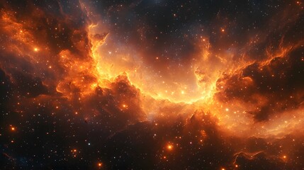 Naklejka premium Fiery galactic scene with swirling nebulae and vibrant star clusters set against a deep space backdrop, created in a 3D illustration to evoke a sense of supernatural energy and cosmic power.