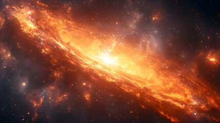 Fototapeta premium Interstellar space with a blazing galaxy surrounded by a curtain of fiery dust and stars, visualized in a 3D model to capture the dynamic and supernatural nature of the cosmos.