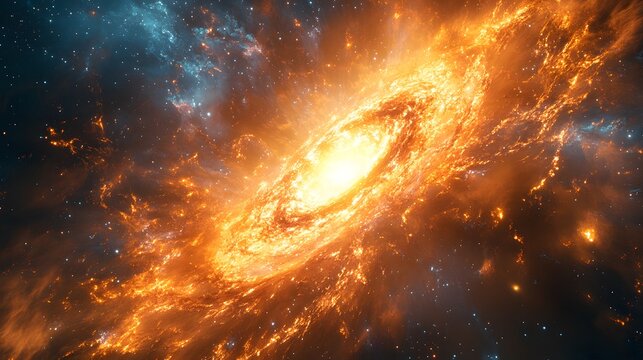 Explosive cosmic event with streams of fire and light radiating from a central galaxy, illustrated in a 3D digital art style to highlight the intense and mysterious aspects of space.