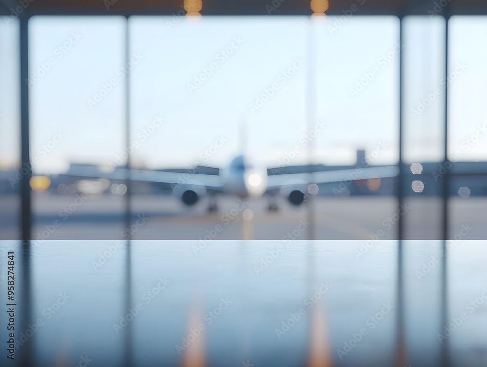 Aufkleber close-up of an empty table in an airport background for product display presentation template design