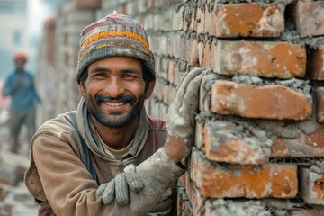 Smiling Indian Bricklayer Hard at Work on Wall Construction