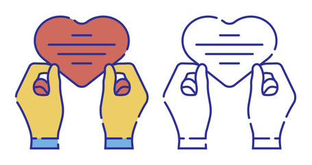 Thin line stroked color icon. Hands hold heart shaped greeting card for holiday on Valentine Day. Simple vector isolated on white background