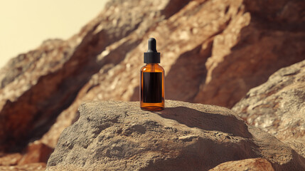 skincare dropper brown glass bottle with blank black label nature stone background mockup product photography supplement elixir extract